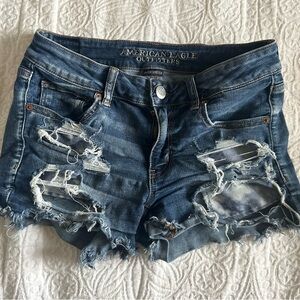 American Eagle Outfitters Midi Super Stretch Ripped Blue Jean Shorts